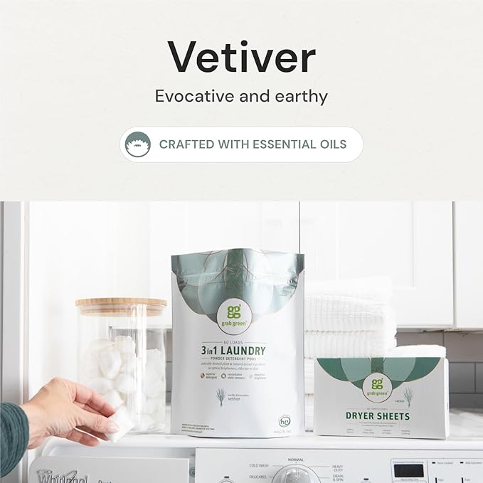 Grab Green 3-in-1 Laundry Detergent Pods and Dryer Sheet Bundle, 60 Count Pods and 80 Dryer Sheets, Vetiver Scent, Plant and Mineral Based Laundry Care Set