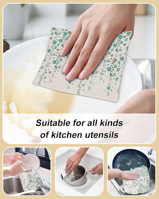 8 Pack Flower Teal Kitchen Dish Cloths, Grey Cherry Blossoms Cotton Linen Background Dishcloths for Kitchen, Reusable Paper Towels, Super Absorbent Quick Drying Washcloths Cleaning Wipes, 8x7 inch
