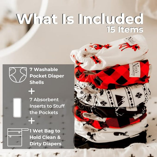 Nora's Nursery Cloth Diapers 7 Pack with 7 Inserts & 1 Wet Bag - Waterproof Cover, Washable, Reusable & One Size Adjustable Pocket Diapers for Newborns and Toddlers - Buffalo Plaid
