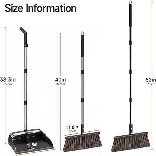 CTIME Broom and Dustpan Set, Extra Brush Head & 52" Adjustable Long Handle Standing Dustpan Set, with Dust Pan Teeth to Clean Pet Hair, Easy Sweeping Suitable for Home Kitchen Office Lobby