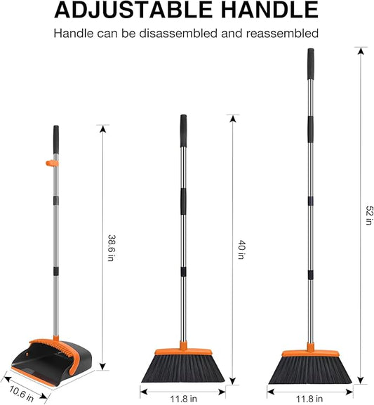NACENA Broom and Dustpan Set, 52-in Long Adjustable Handle Broom Dustpan Combo with Dust pan Teeth to Automatically Clean Hair Suitable for Home Kitchen Office Hall Floor (Black&Orange), 2 Pack
