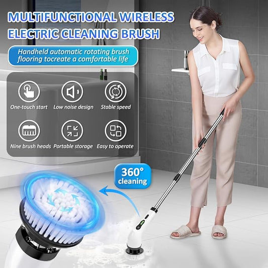Electric Shower Spin Scrubber, Scrub Brush Floor Scrubber with Long Handle, Electric Cleaning Brush with 9 Replaceable Heads, for Bathroom Kitchen Tile Grout Shower Car Cleaning Supplies