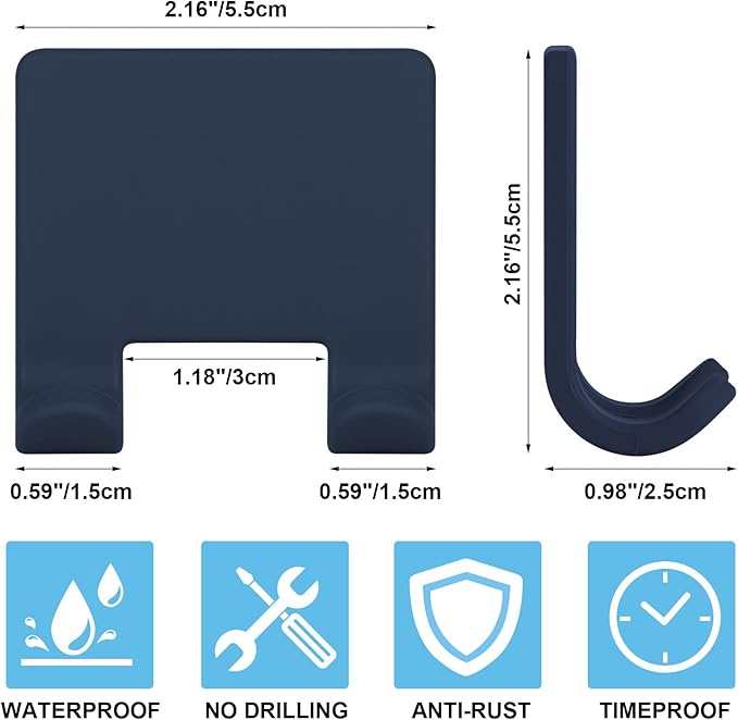 VANZAVANZU Razor Shaver Holder for Shower Wall Adhesive Hooks for Hanging, Bathroom Silicone Waterproof Shower Hooks Hair Brush Holder for Towel (2 Pack-White+Navy Blue)