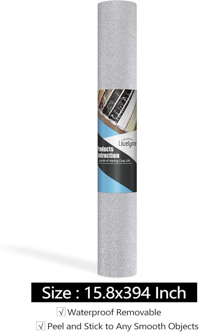 Livelynine 15.8x394 Silver Glitter Wallpaper Peel and Stick Decorative Contact Paper for Dresser Counters Tabletop Desk Crafts Walls Self Adhesive Silver Wall Decor Waterproof Glitter Vinyl Wrap