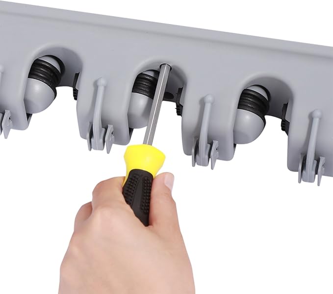 TOGU Mop and Broom Holder Wall Mounted 4 Position Storage Rack with 5 Retractable Hooks Holds up to 9 Tools Utility Weatherproof Holder for Garage Storage Systems Broom Organizer,Gray