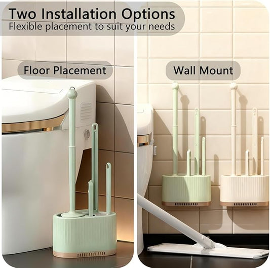 4 in 1 Toilet Cleaner Brush Toilet Bowl Brush and Holder Set Silicone Toilet Brush,Stuff Floor Standing or Wall Mounted Toilet Scrubber Without Drilling (Light Green)