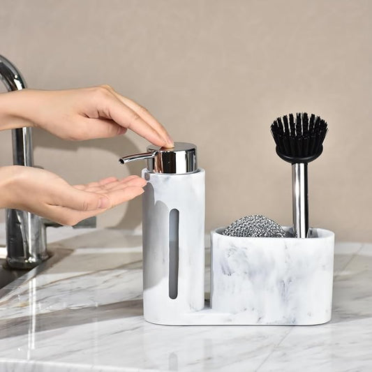 Soap Dispenser with Sponge Holder, Kitchen Soap Dispenser Pump, Sponge Caddy and Brush Holder 3 in 1 Set Organizer for Sink Countertop, Rustproof(White)