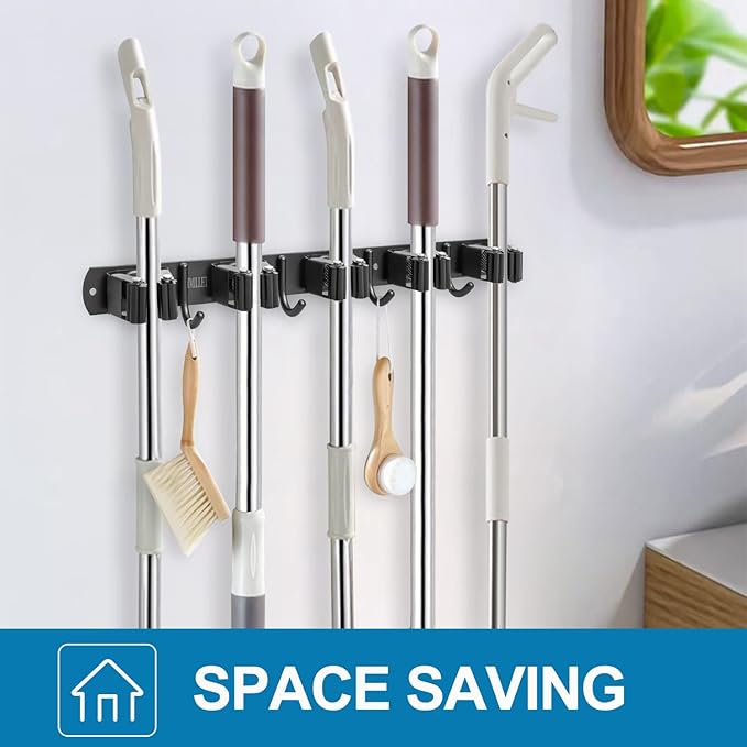 IMILLET 2 Pack Broom and Mop Holder Wall Mounted, Broom Holder Stainless Steel Broom Organizer Heavy Duty Tools Organizer Self Adhesive for Laundry Room Garage Garden(5 Racks and 4 Hooks)