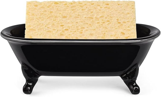 6.5" Ceramic Mini Decorative Clawfoot Bathtub Bar Soap Dish, Kitchen Sponge Holder and Shower Tray for Bathroom, 1 Pack (Black Silver Rim)