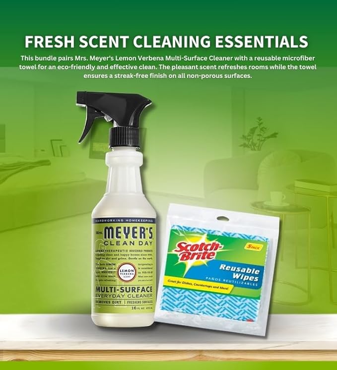 Mrs Meyers Cleaning Spray With Pack of 5 Reusable Wipes - All Purpose Cleaner & Mrs Meyers Multi-surface Cleaner - Kitchen Cleaner Spray & Multipurpose Cleaner, Myers All Purpose Cleaning Spray, 16oz