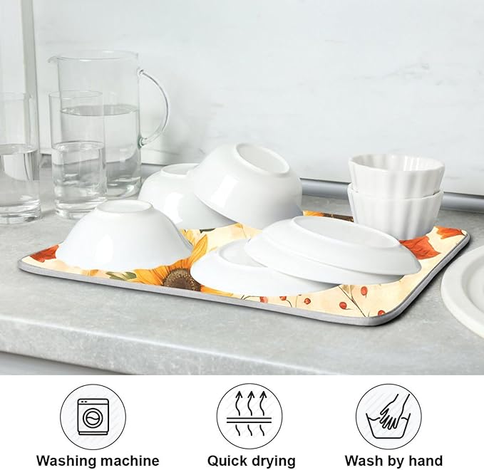 Watercolor Sunflowers Autumn Leaves Dish Drying Mat for Kitchen Counter Absorbent Microfiber Drying Pad, Medium 16x18 in
