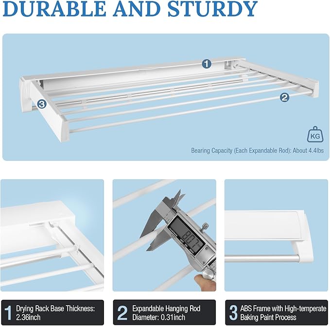 Wall Mounted Clothes Drying Rack, Foldable Laundry Hanger Dryer Rack, Laundry Drying Rack Collapsible with 4 Hooks Clothes Garment Drying Organizer