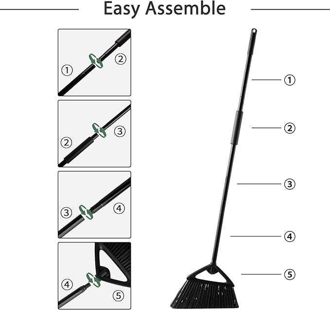 Eyliden Commercial Angle Broom and Dustpan Combo, with Long Handle and Lid, Lobby Dust Pan Sweep Set for Outdoor Garages Courtyard Sidewalks Decks Indoor Home Kitchen Room Office (Black Broom+Dustpan)