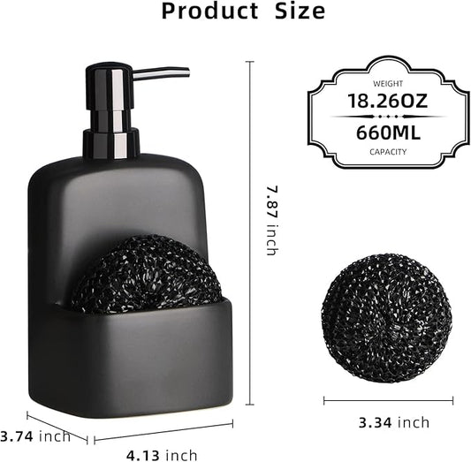 Dish Soap Dispenser - Kitchen Soap Dispenser with Sponge Holder Matte Ceramic Soap Daddy Dispenser 20oz for Kitchen (Matte Black)
