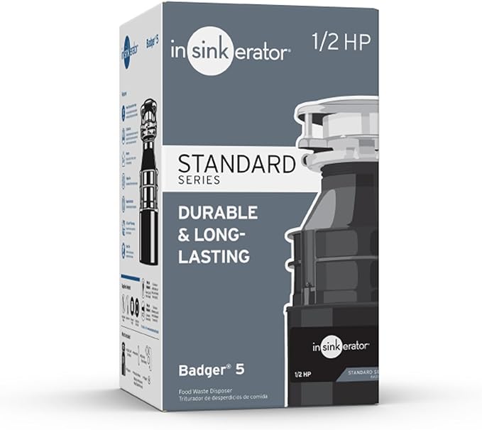 InSinkErator Badger 5 Garbage Disposal, Standard Series 1/2 HP Continuous Feed Food Waste Disposer, Black, Set of 1