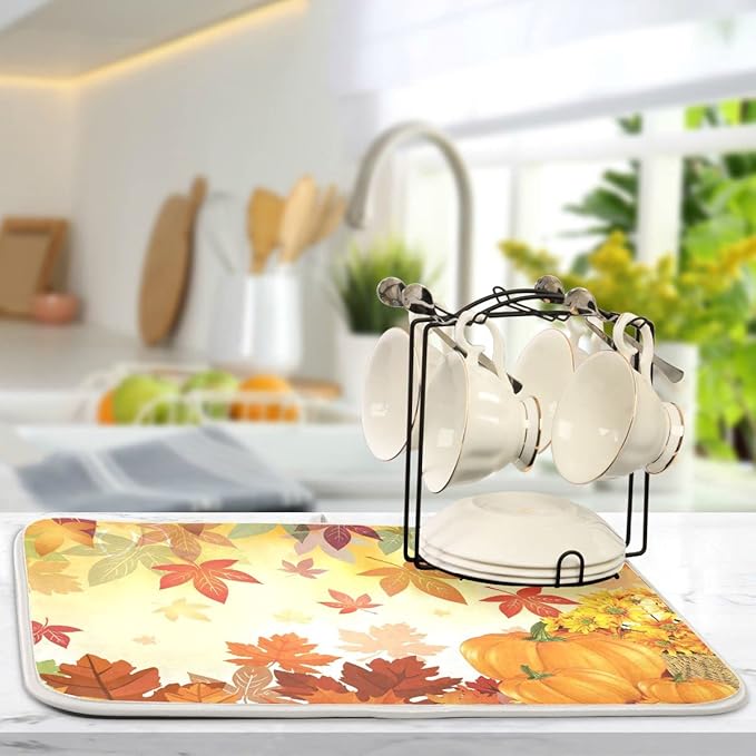 Autumn Fall Dish Drying Mat for Kitchen Counter Pumpkin Maple Leaves Drying Mat 18 x 24 Inch with Absorbent Reversible Microfiber Dish Drying Pad Dish Rack Drainer Mats for Coffee Bar