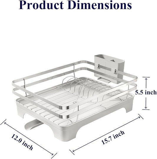 Kitsure Dish Drying Rack - Multi-Functional Dish Rack for Kitchen Counter with Cutlery Holder, Rust-Proof Storage Solution with Rotatable, 15.7" x 12.0" x 5.5", Sliver Grey