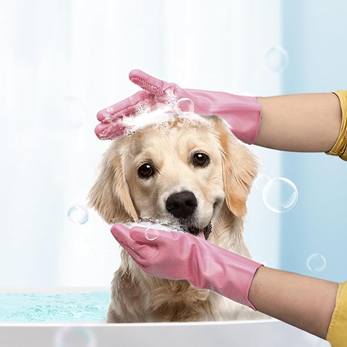 Silicone Dishwashing Gloves, Kitchen Gloves for Washing Dishes Reusable Waterproof Dishwashing with Cleaning Brush