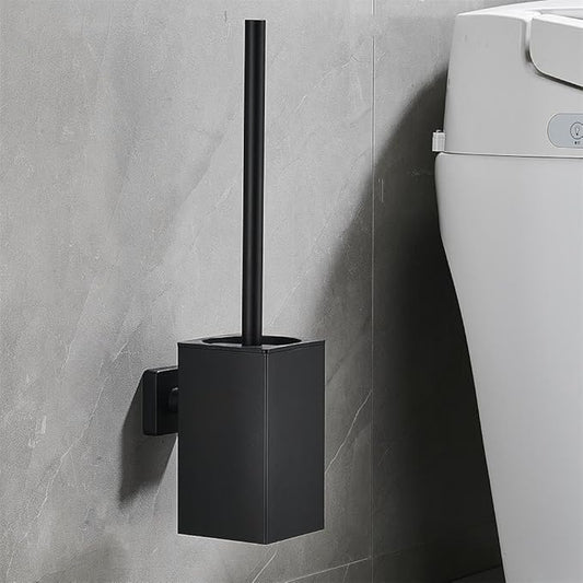 Wall Mount Toilet Brush and Holder Set Stainless Steel Square Toilet Bowl Cleaners Modern Toilet Brush Bathroom Accessories (Matte Black)