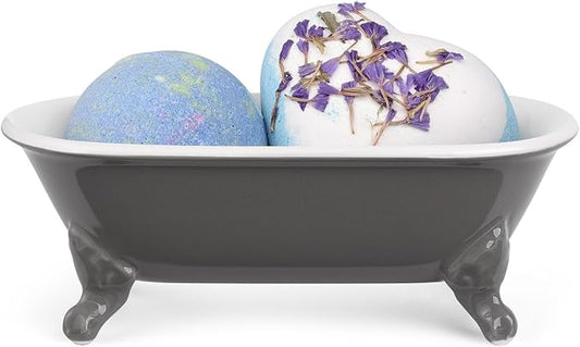 6.5" Ceramic Mini Decorative Clawfoot Bathtub Bar Soap Dish, Kitchen Sponge Holder and Shower Tray for Bathroom, 1 Pack(Stone Gray)