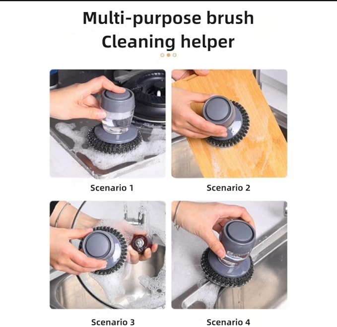 Soap Dispense Palm Scrub dishwashing Kitchen Scrubber Press Automatic Liquid wash Pot (Steel Wire)