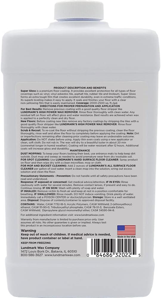 Lundmark Super Gloss Acrylic, Extra Heavy-Duty Hard Finish Floor Wax, 32-Ounce, 3202F32-6, Clear, (LUN-3202F32-6)