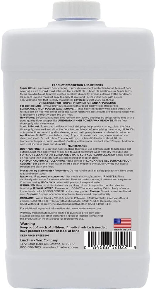 Lundmark Super Gloss Acrylic, Extra Heavy-Duty Hard Finish Floor Wax, 32-Ounce, 3202F32-6, Clear, (LUN-3202F32-6)