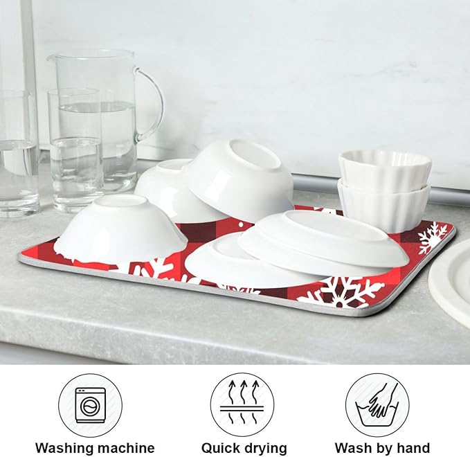 Snowflakes Christmas Checkered Plaid Dish Drying Mat for Kitchen Counter Absorbent Microfiber Drying Pad, Large 18x24 in
