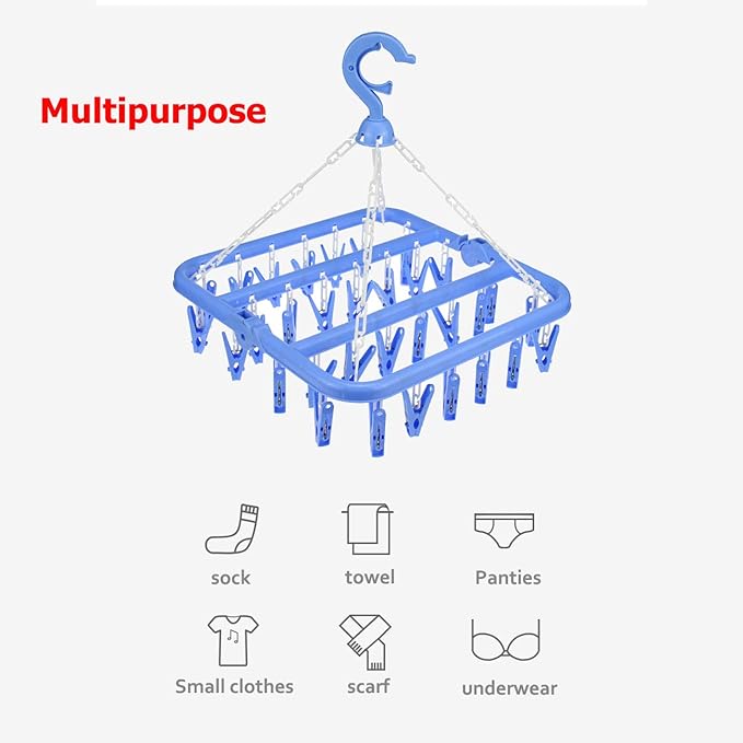 32 Clips Foldable Clothes Drying Rack, 360° Rotating Hanger with Windproof Hook for Socks Underwear Baby Clothes Towels Bras Diapers Scarf Gloves Portable Laundry Rack
