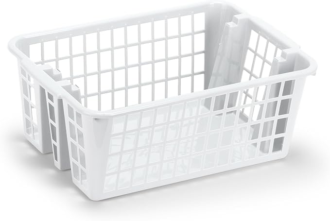 DecorRack Plastic Storage Basket, 13L Bathroom Storage Organizer Bin for Laundry Closet, Pantry or Office with Built In Handles, White (2 Pack)