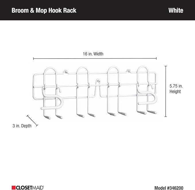 ClosetMaid 3462 Broom & Mop Holder for Wall or Door Mount, Durable White Metal Steel