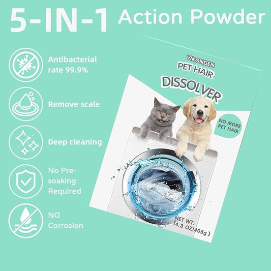 Upgarded Pet Hair Dissolver Pro Washing Machine Cleaner Powder, Deep Cleaning Pet Bedding, Deep Cleaning Washing Machine, 3 Sachets, 405g, Dog Cat Hair | Stain | Odors Remover for Laundry, No More Fur