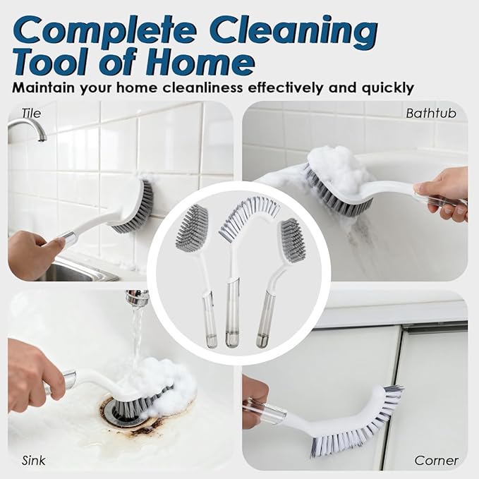 3 Pack Heavy Duty Shower Cleaning Brush Set, Stiff Bristles Grout Brush, Scrub Brushes for Cleaning Bathroom, Shower, Tile, Tub, Grout, Carpet, Floor (Crystal Gray)