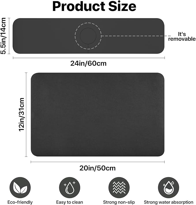Bloss Black Dish Drying Mat + Faucet Mat for Kitchen Sink, Kitchen Sink Mats with Non-Slip Rubber Backed, Sink Matt for Kitchen Sink - 2PCS