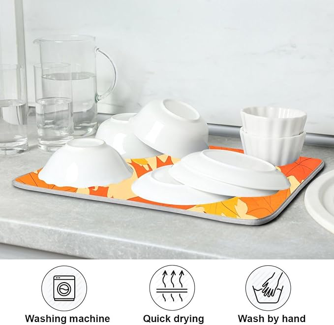 Autumn Maple Leaves Thanksgiving Dish Drying Mat for Kitchen Counter Absorbent Microfiber Drying Pad, Medium 16x18 in