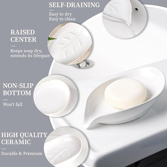 Soap Holder, Self-Draining Soap Dish, White Leaf Shape Ceramic Bar Soap Holder Drain Soap Dishes for Bathroom Sink Kitchen, Easy to Clean Keeps Soap Dry, ANTIS'S HOME