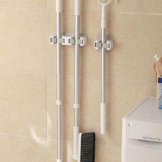 Broom Holder Wall Mount Mop and Command Broom Hanger Organizer Wall Mount Self Adhesive (Double clip)