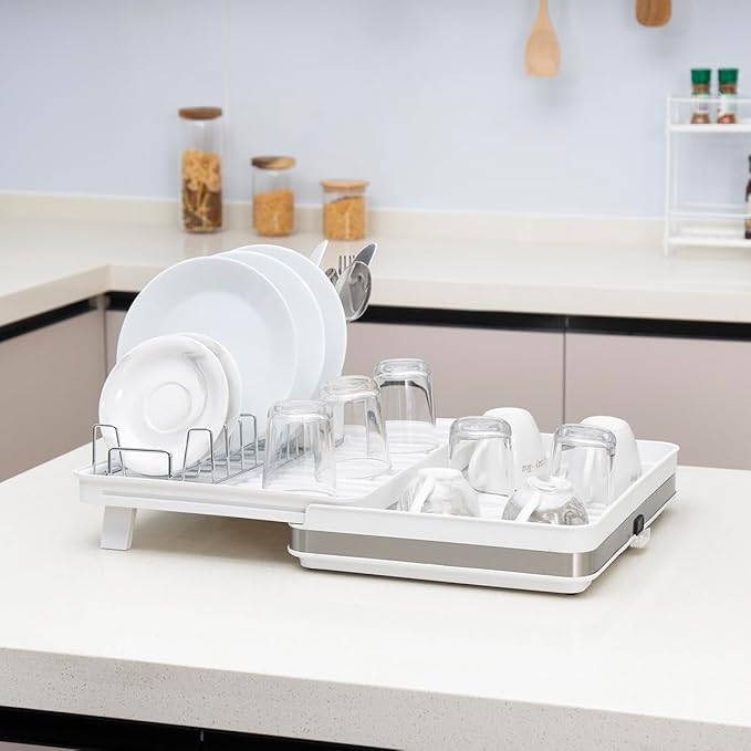 Collapsible dish drying rack,stainless steel foldable dish rack with cutlery holder,multifunctional expandable big capacity dish drainer board,Space Saving extendable dish holder