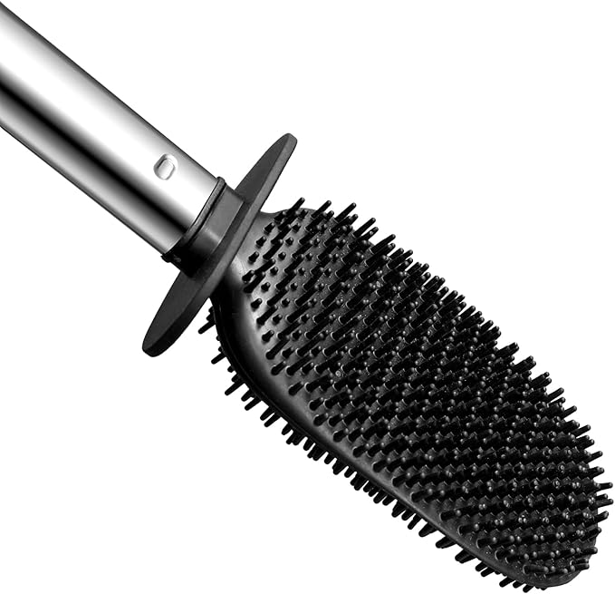 Silicone Toilet Brush Holder Set,TPR Toilet Bowl Brush with Long Stainless Steel Handle and Flexible Bristles,Deep Cleaning & No-Scratch Toilet Scrubber, Sleek Toilet Brush with Weighted Base (2, SS)