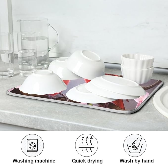 Dish Drying Mat Kitchen Counter Absorbent Red Cardinals Coffee Sink Mat Dish Drainer Pad 18 Inch x 16 Inch