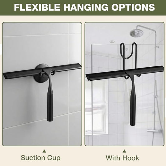FARMER Shower Squeegee for Glass Doors, 10-Inch Glass Squeegee for Windows, Car Glass and Mirrors, Multi-Purpose Stainless Steel Squeegee with Suction Wall Hook and Over Door Hook, Black
