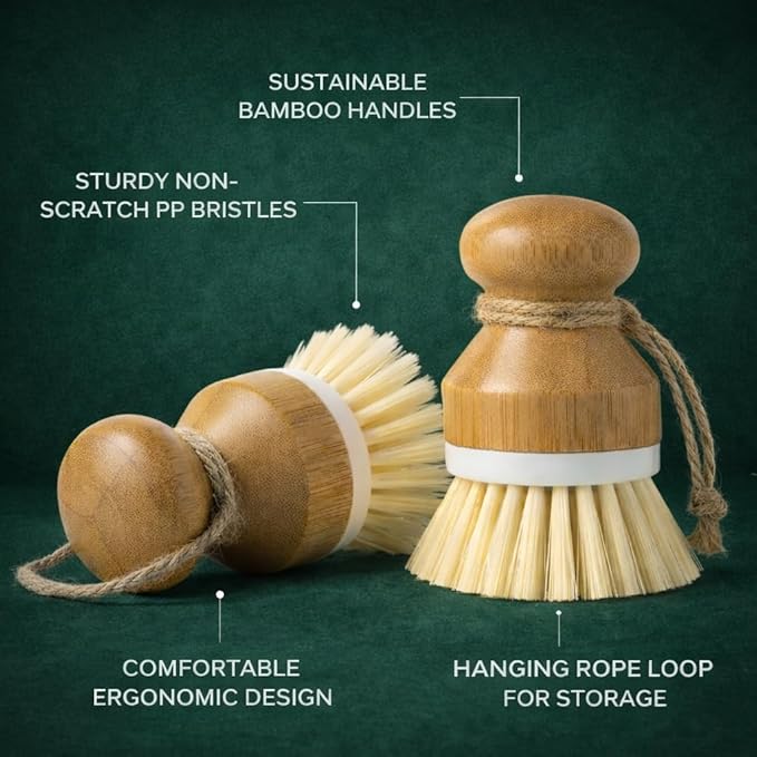 Set of 2 Eco-Friendly Non-Scratch Bamboo Kitchen Cleaning Brushes | Compact Wooden PP Dish Scrubbers with Ergonomic Handles and Hanging Ropes (3.9 x 1.3 inches, 0.21 lbs Each)
