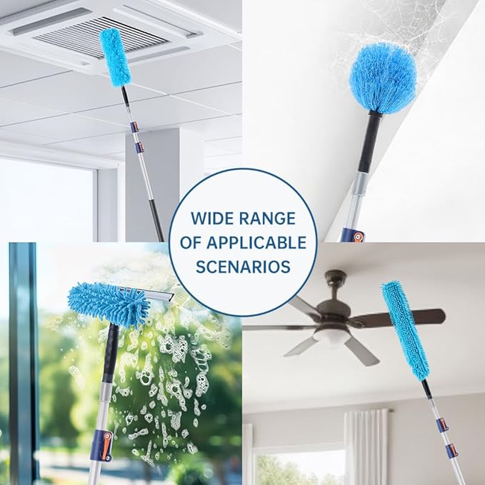 30 FT High Reach Cleaning Kit with 7-30 Foot Telescoping Extension Pole, Flexible Ceiling Fan Duster, Microfiber Feather Duster, Cobweb Duster & Window Squeegee & Washer