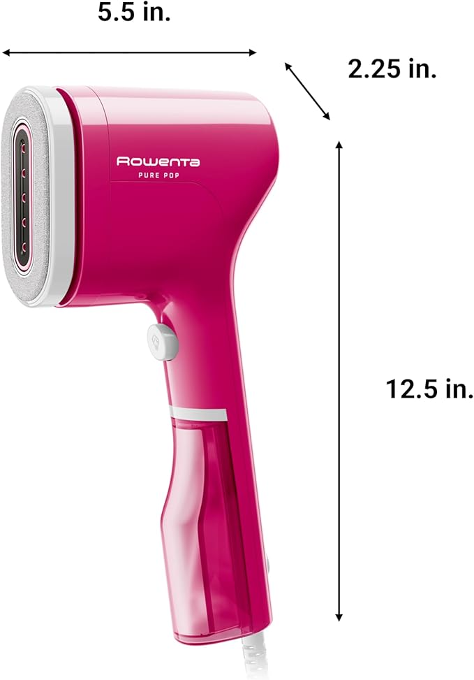 Rowenta, Steamer for Clothes, PurePop Handheld Steamer, 1.5Lbs, 15 Second Heatup, 2.3 Oz Capacity, 1150 Watts, Ironing, Pink Clothes Steamer, Vacation Essentials, Travel Must Have, DR2023