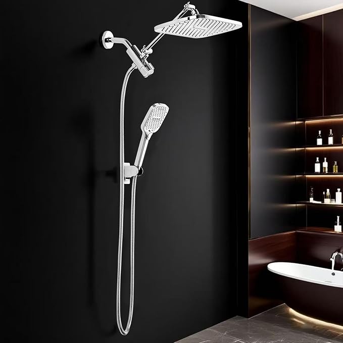 12" Rain Shower Head with Handheld Spray, Rainfall Shower Head with Handheld Combo, 11" Stainless Steel Extension Arm with Height & Angle Adjustable High Pressure Showerheads, Chrome