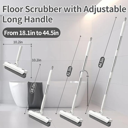 Floor Scrub Brush, 2 in 1 Cleaning Brush with Long Handle,Floor Scrubber Suit for Kitchen, Bedroom, Patio, Shower, Garage & Deck - Heavy Duty Tile, Concrete & Wood Surface Scrubber(White Grey)