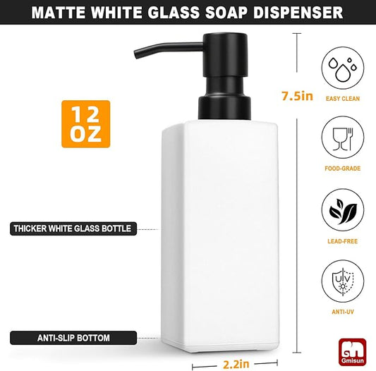 GMISUN White Soap Dispenser Bathroom, Hand Glass Soap Dispenser with Stainless Steel Pump, 12 fl oz/350ml Dish Dispenser for Kitchen, Modern Refillable Liquid Soap and Lotion Dispenser for Countertop