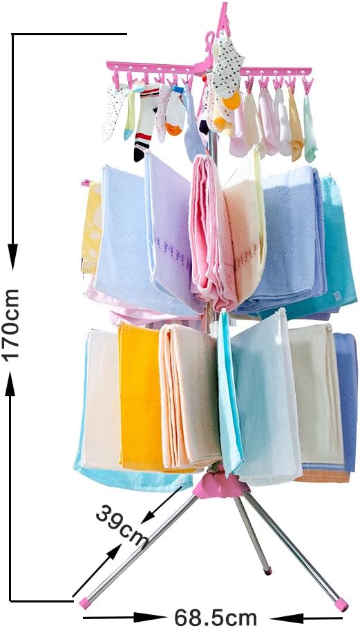 BAOYOUNI Folding Clothes Drying Rack 3-Tier Indoor Outdoor Space Saving Stand Hanger with 24 Clips and 32 Towels Bars for Baby Clothes, Cloth Diapers, Socks, Bras, Towels, Underwear (Pink)