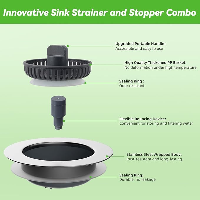 Universal Sink Stopper Strainer Combo, Stainless Steel Wrapped Drain Stopper Kitchen Sink for US Standard 3-1/2 Inch Kitchen Sink Drain, Extra 2 PCS Mesh Strainer for Food Garbage Disposal, Chrome