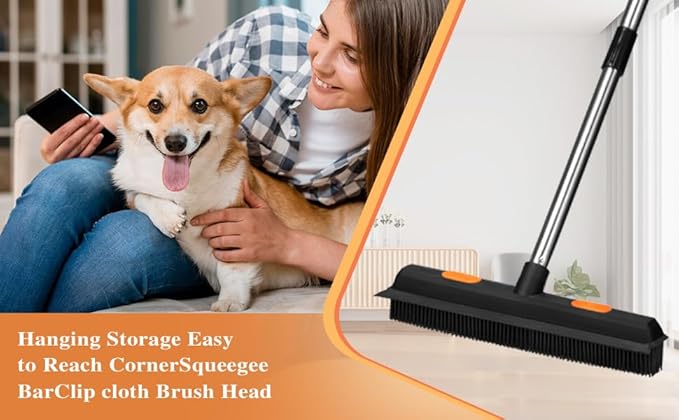 Pet Rubber Broom with 49inch Long Handle, Portable Detailing Lint Remover, Soft Push Broom for Fluff Carpet, Hardwood, Tile, Window (Black)